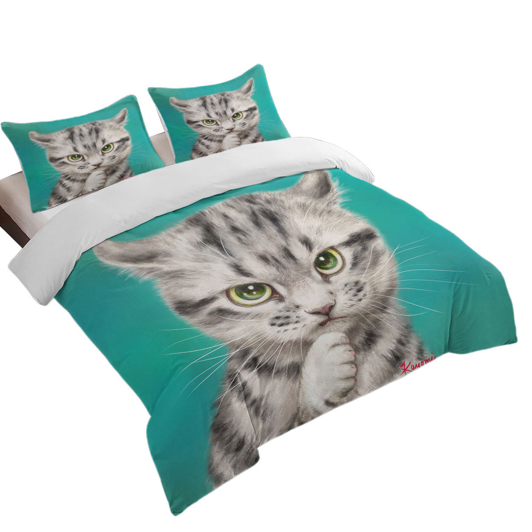 California King Duvet Cover with Cute Grey Striped Threatening Kitty Cat