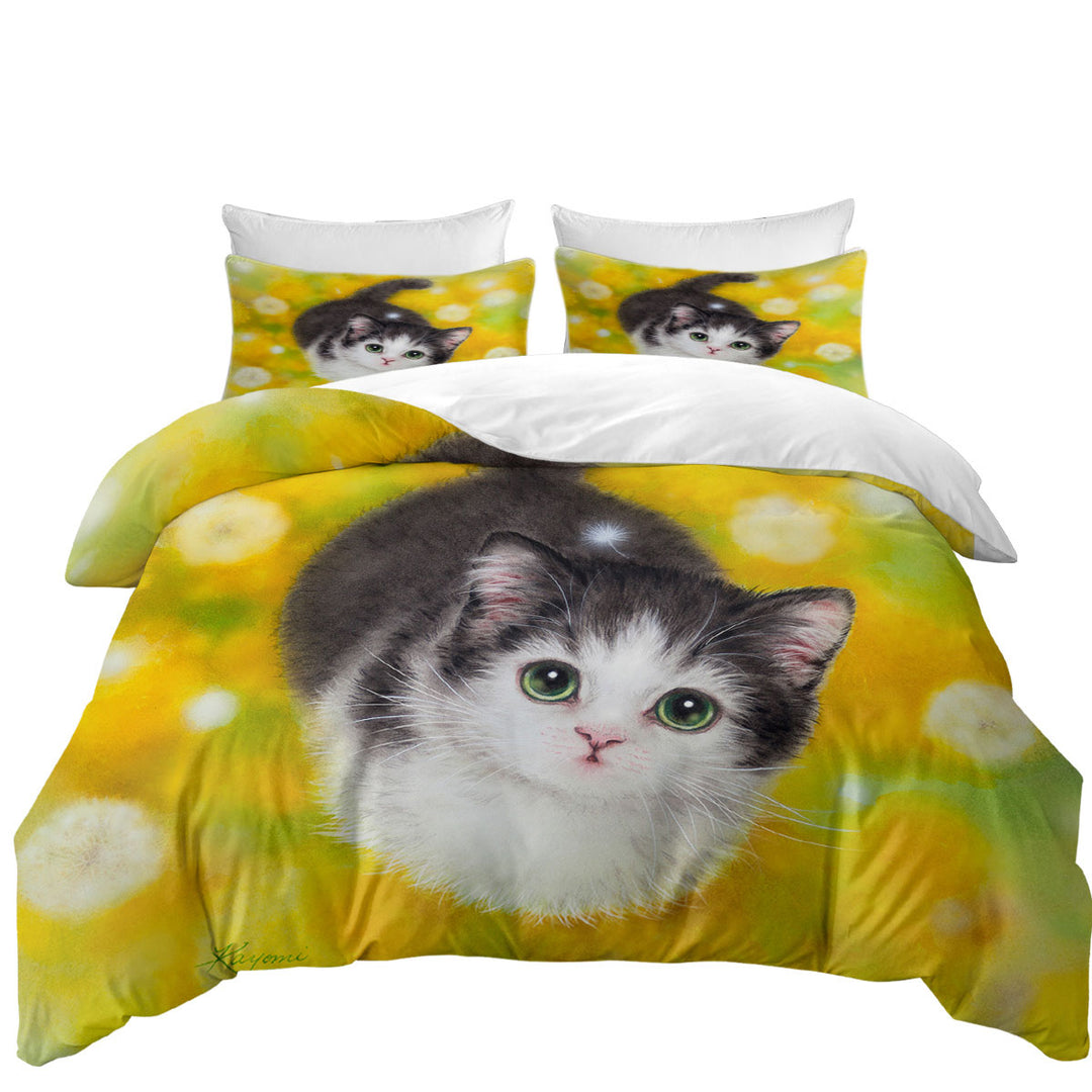 California King Duvet Cover with Cute Kitty Cat in the Dandelion Flower Garden