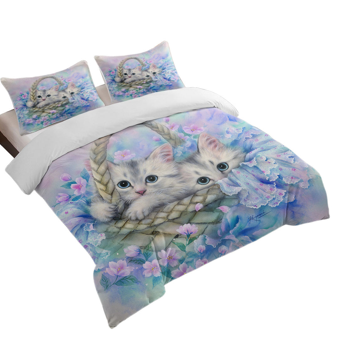 California King Duvet Cover with Cute Painting for Kids Two Kittens in Flower Basket
