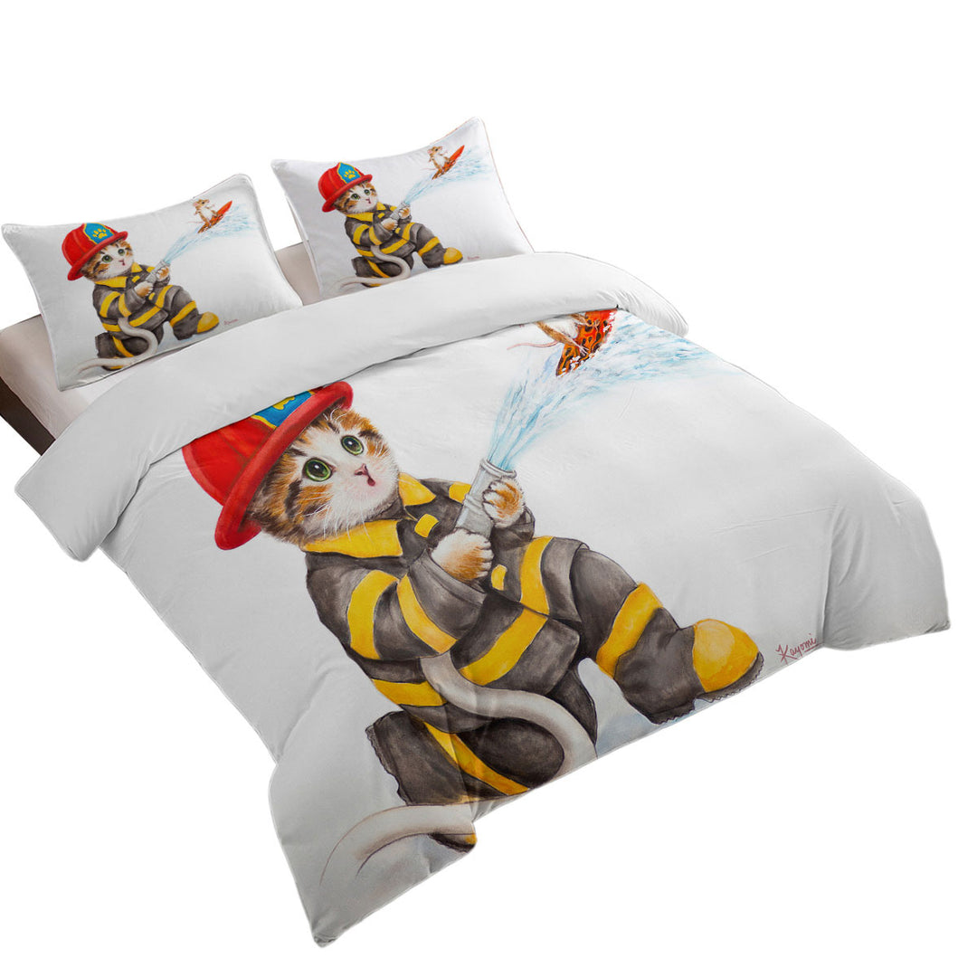 California King Duvet Cover with Funny Cats Cute Fire Fighter Kitten
