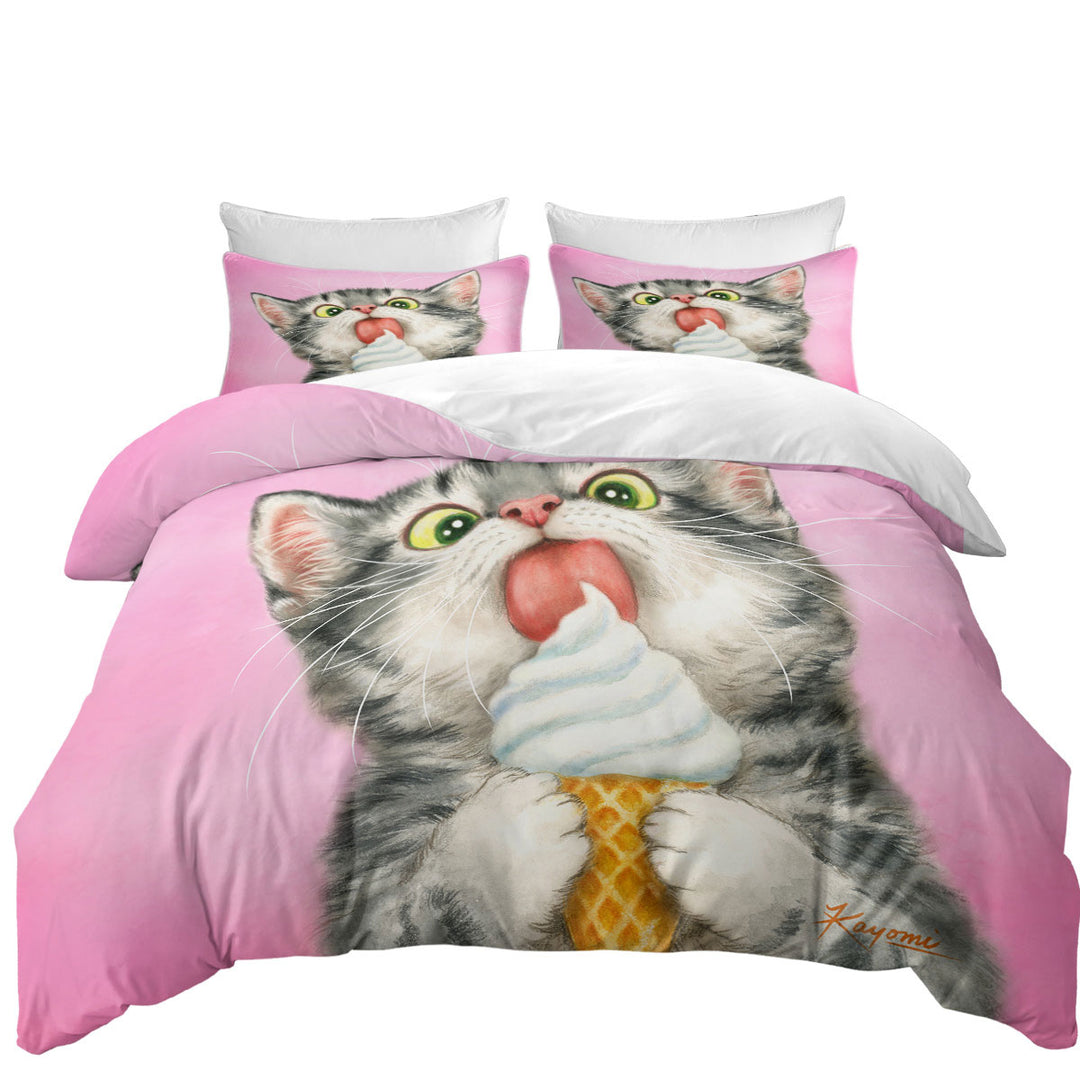 California King Duvet Cover with Funny Cute Cats Art Licking Ice Cream Kitten