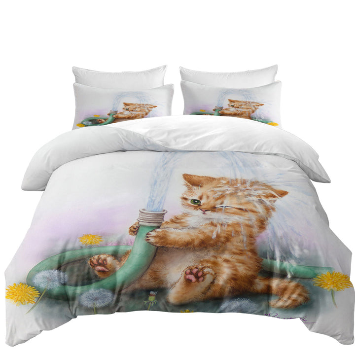California King Duvet Cover with Funny Paintings for Kids Ginger Kitten Bath Time