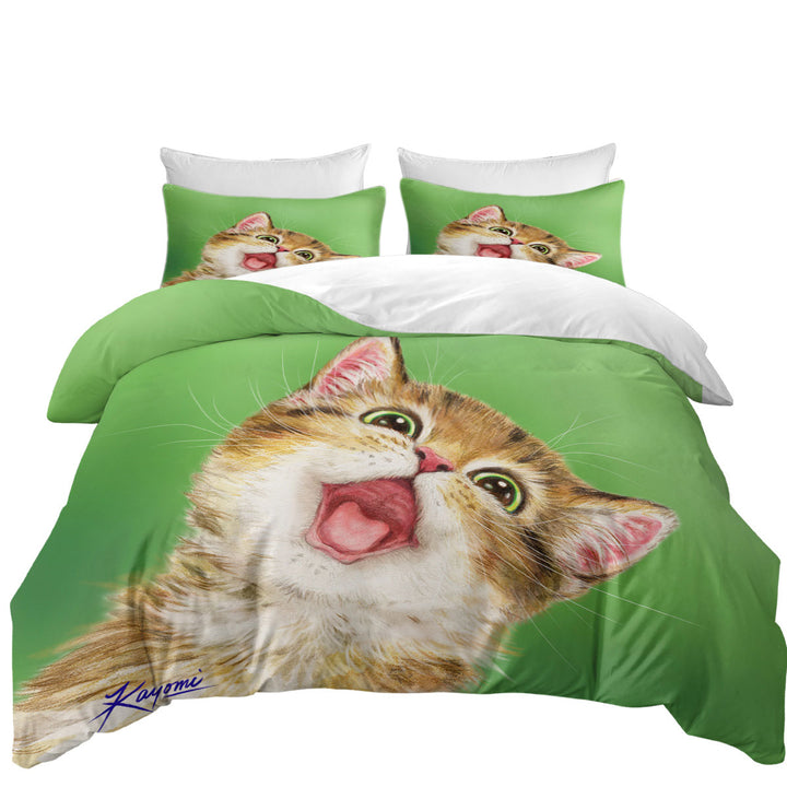 California King Duvet Cover with Happy Cute Kitty Cat for Kids