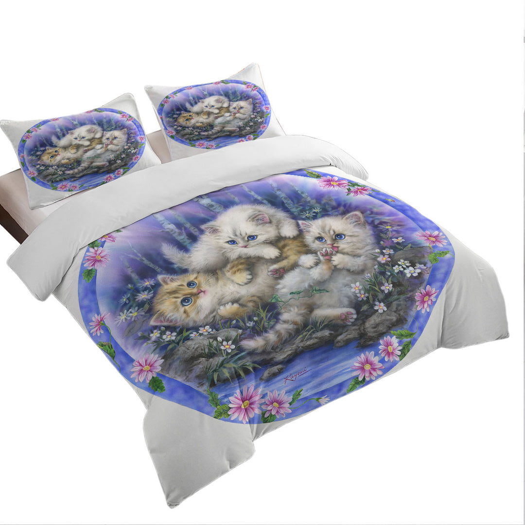 California King Duvet Cover with Kids Design Cute Three Kittens Outdoor Adventure