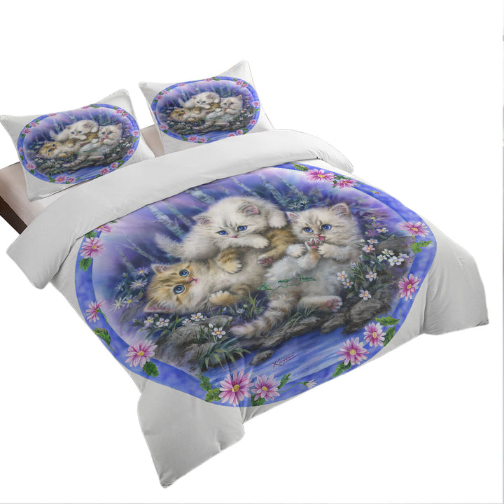 California King Duvet Cover with Kids Design Cute Three Kittens Outdoor Adventure