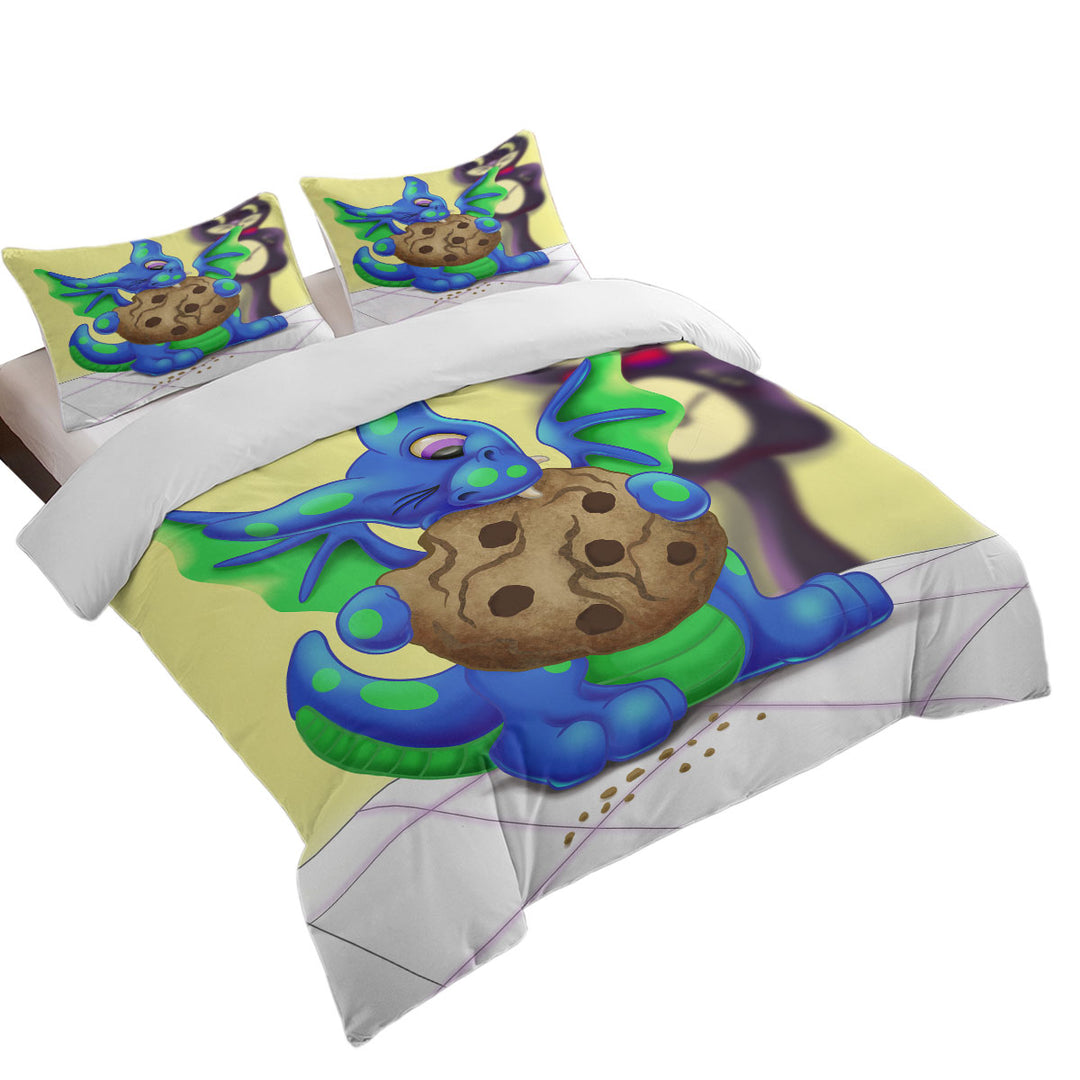 California King Duvet Cover with Lovely Dragon Eating a Cookie
