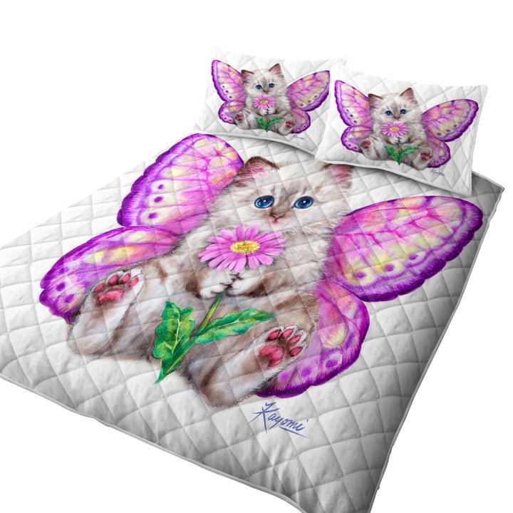 California King Quilt Sets with Artistic Designs Girly Purplish Butterfly Kitten