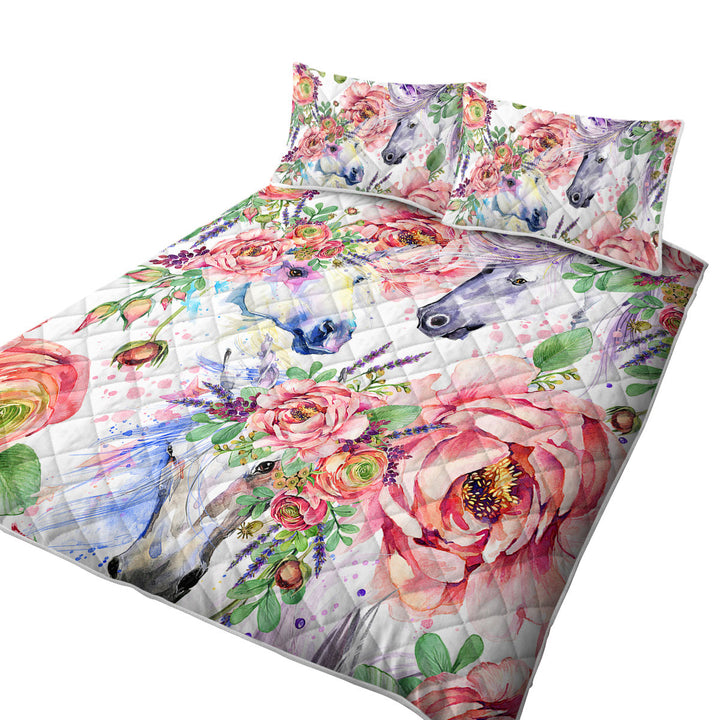 California King Quilt Sets with Beautiful Painting of Flowers and Horses