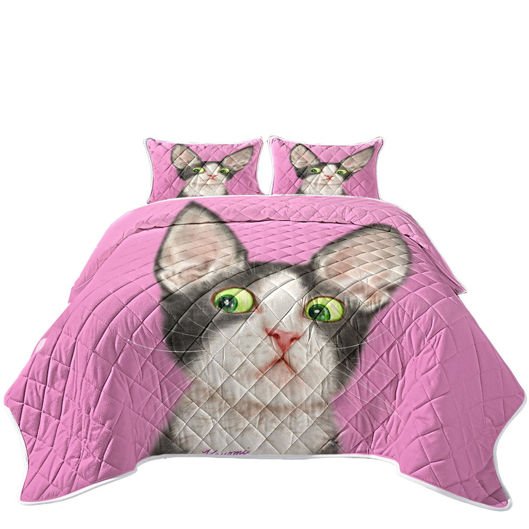 California King Quilt Sets with Big Ears Girly Kitty Cat over Pink