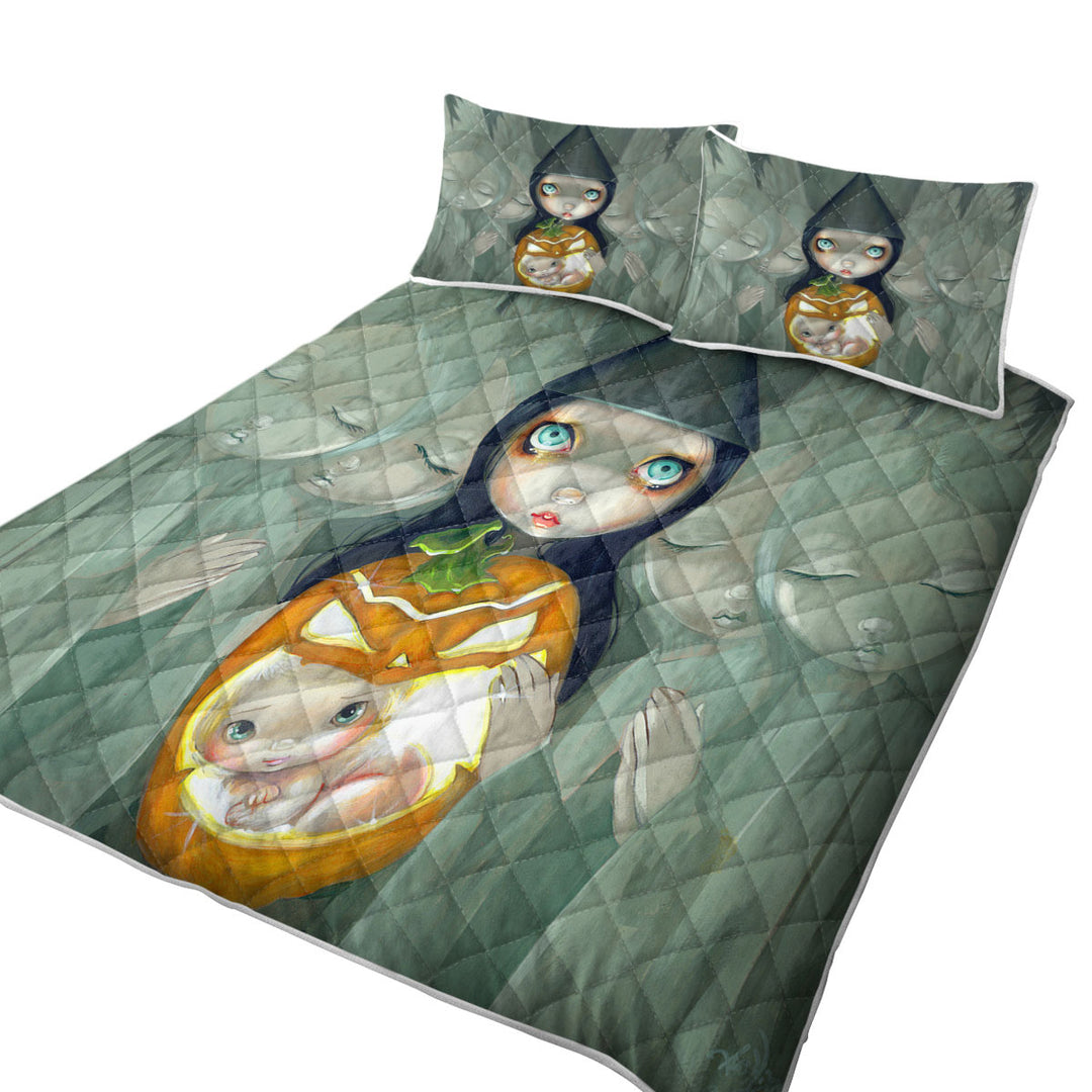 California King Quilt Sets with Big Eyed Witch Born Of a Pumpkin Baby