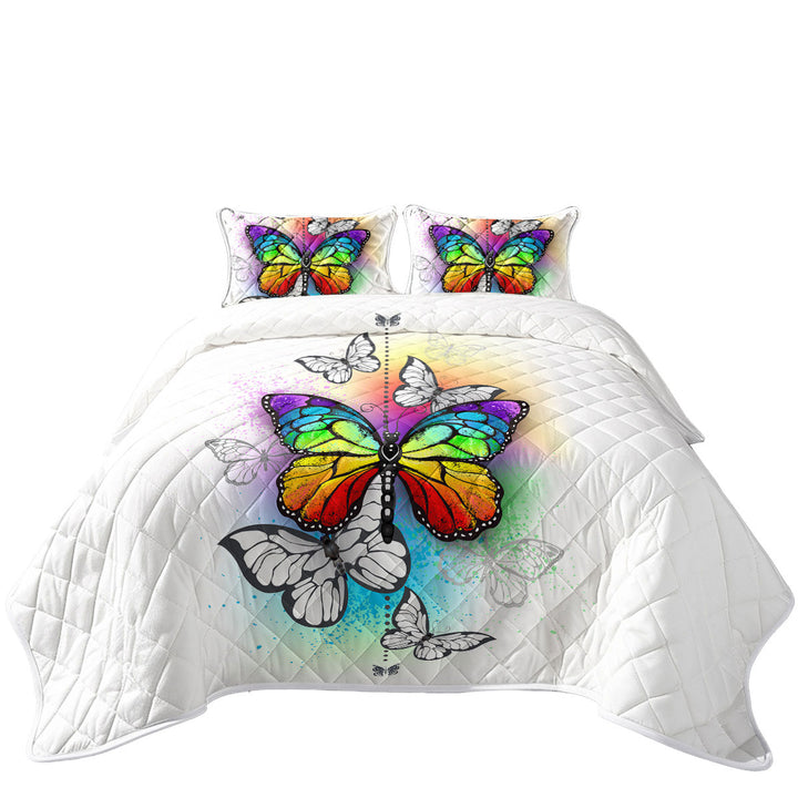 California King Quilt Sets with Black White and Rainbow Butterflies