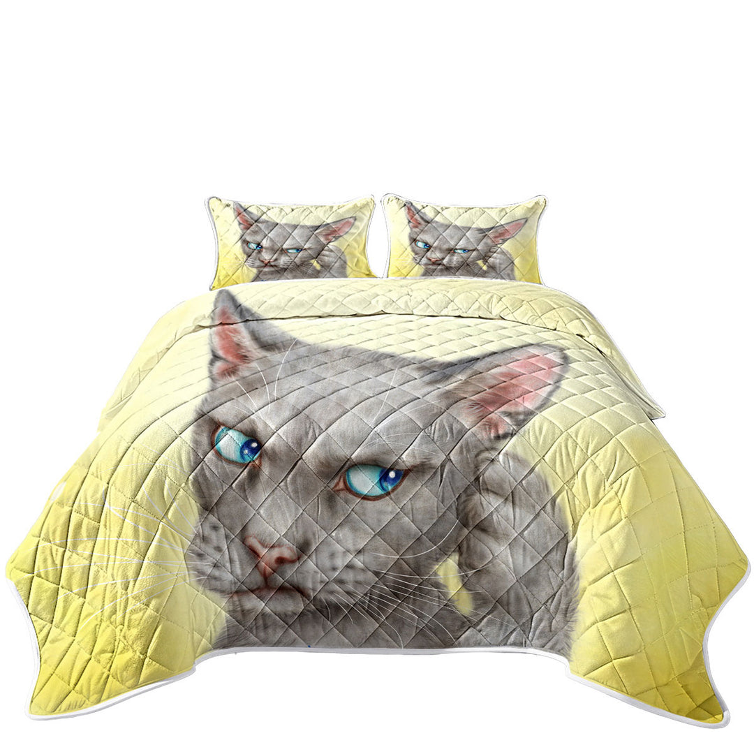 California King Quilt Sets with Blue Eyes Grey Kitty Cat Over Yellow