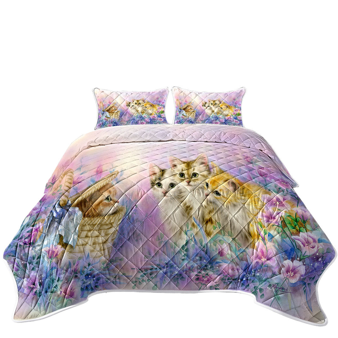 California King Quilt Sets with Cats Art Adorable Cute Kittens in Flower Garden