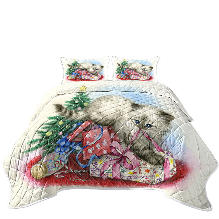 California King Quilt Sets with Christmas Design Cute Kitten is Opening Presents