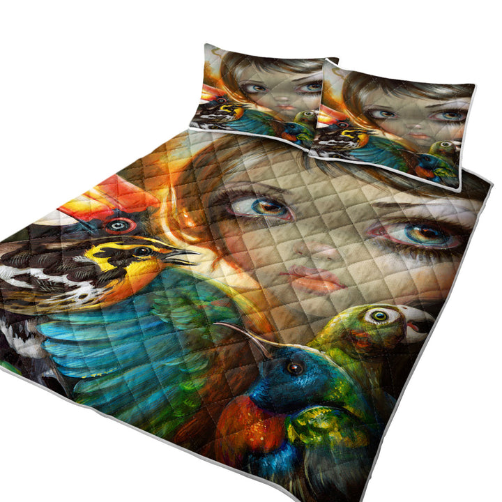 California King Quilt Sets with Colorful Art Birdsong Beautiful Maiden and Birds