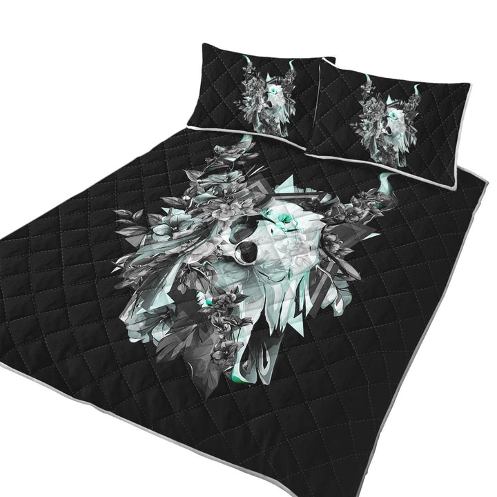California King Quilt Sets with Cool Black and White Floral Turquoise Bull Skull