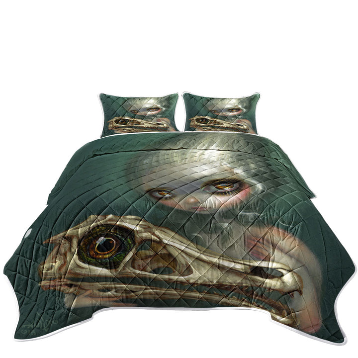 California King Quilt Sets with Cool Dark Art Girl Holds Resurrected Velociraptor