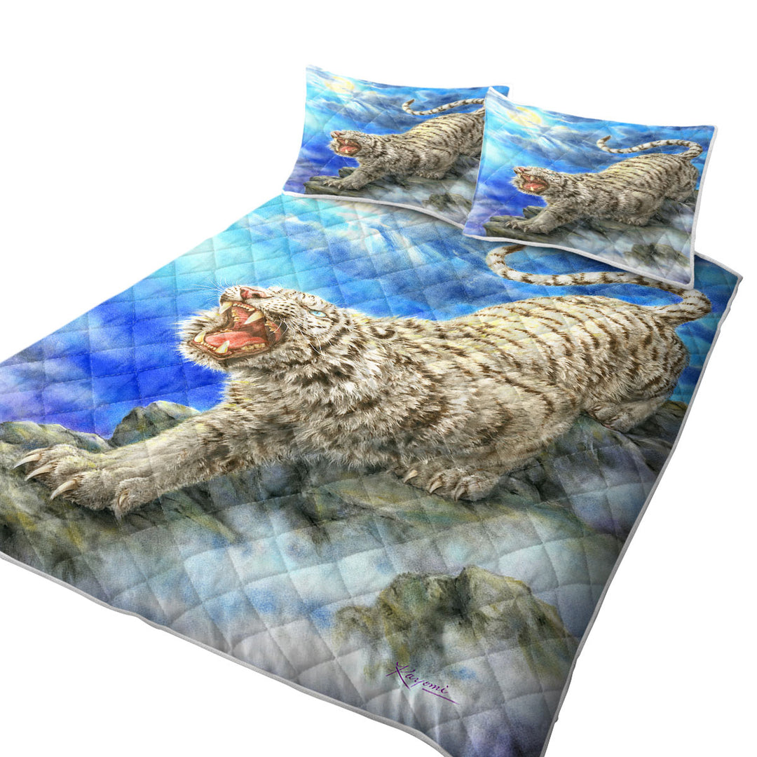 California King Quilt Sets with Cool Wildlife Animal Art Roaring White Tiger