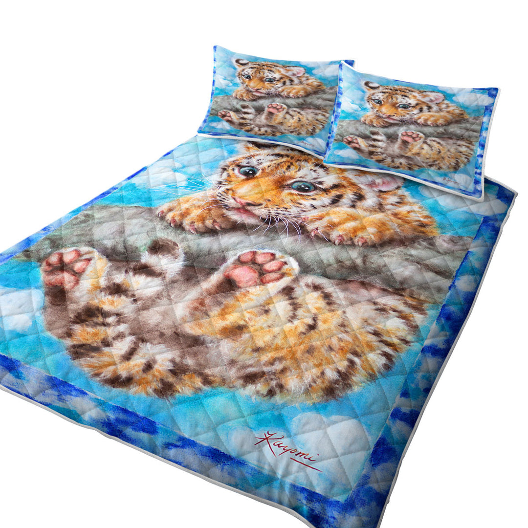 California King Quilt Sets with Cute Animal Drawings Tiger Cub on Branch
