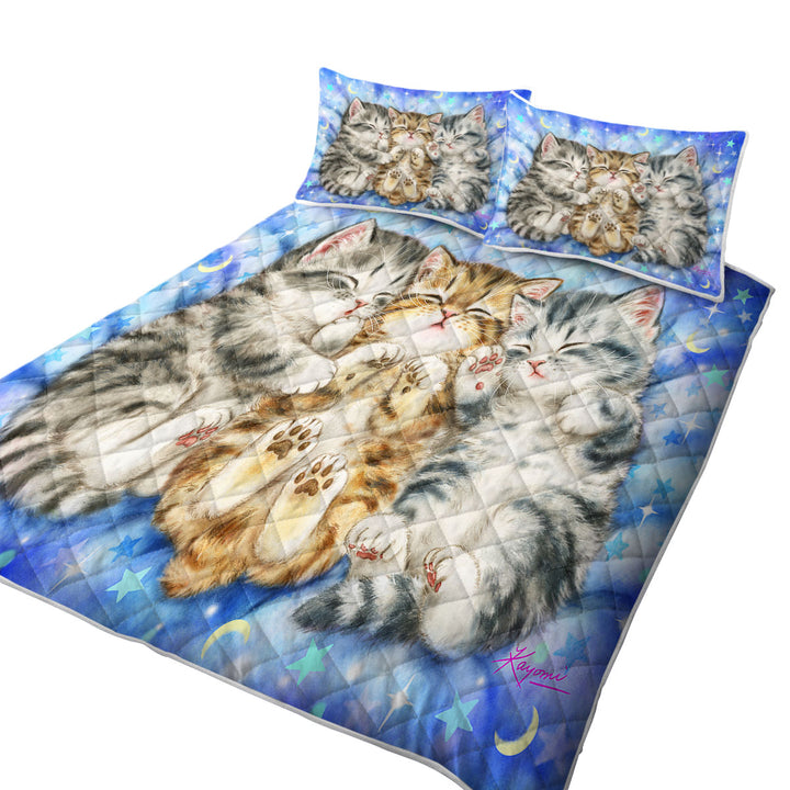 California King Quilt Sets with Cute Cats Nap Time Three Sweet Kittens