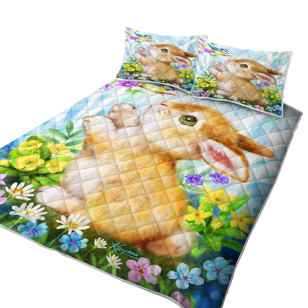 California King Quilt Sets with Cute Children Art Designs Flowers Bunny and Bird