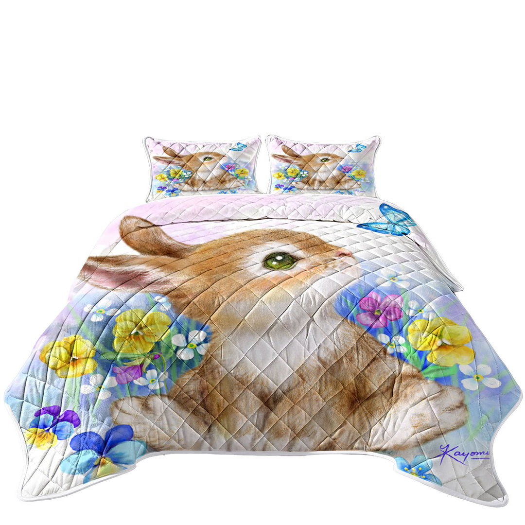 California King Quilt Sets with Cute Children Art Designs Flowers Bunny and Butterfly