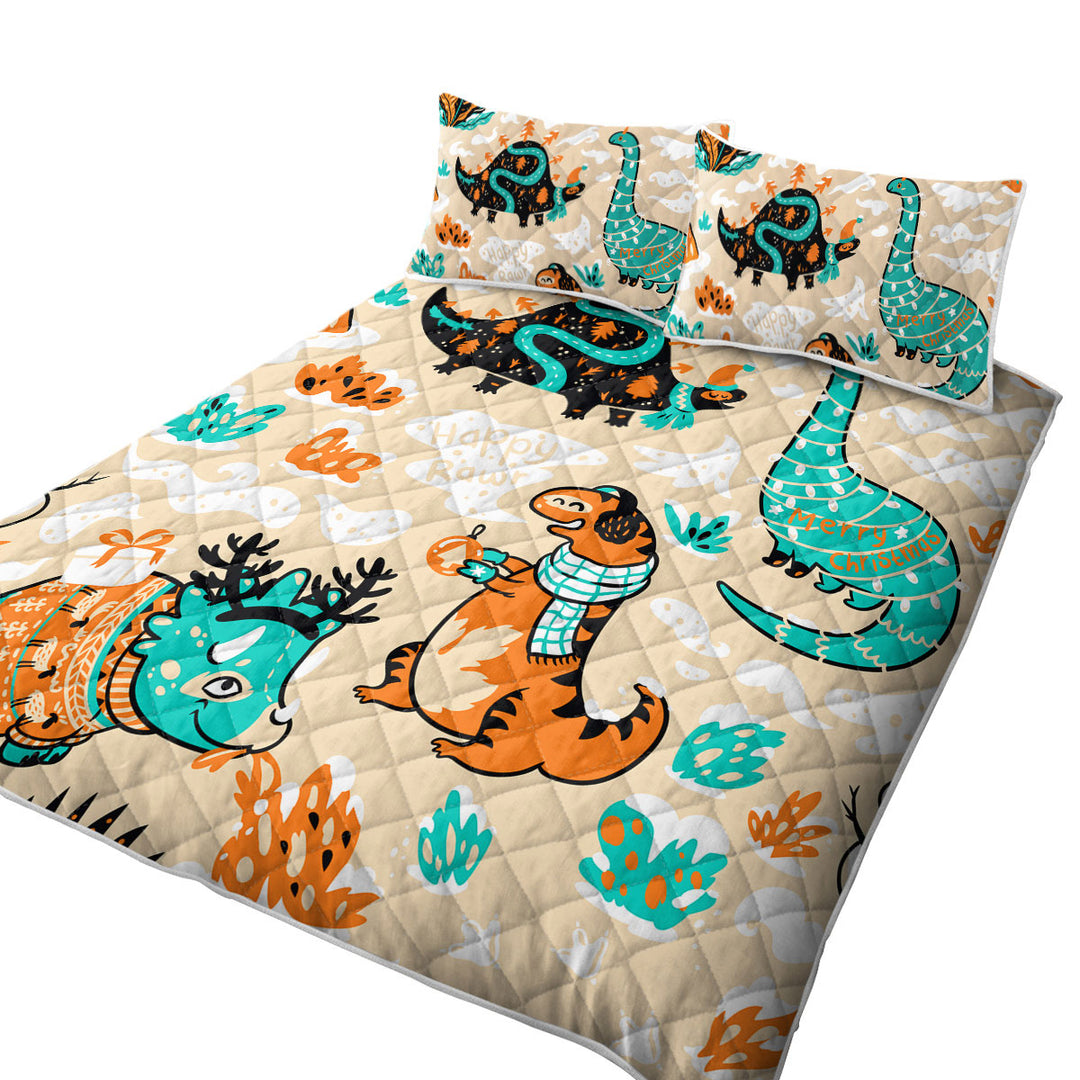 California King Quilt Sets with Cute Funny Wintry Dinosaurs