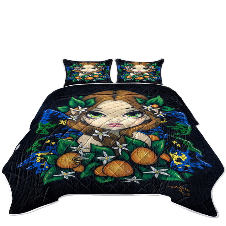 California King Quilt Sets with Cute Girls Painting Orange Blossom Fairy