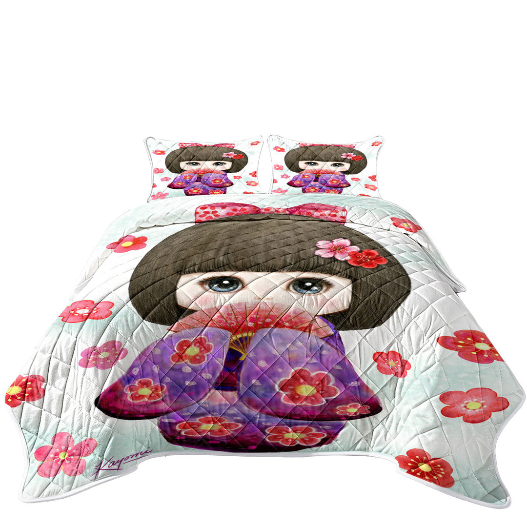 California King Quilt Sets with Cute Japanese Girl Wearing Kimono and Folding Fan