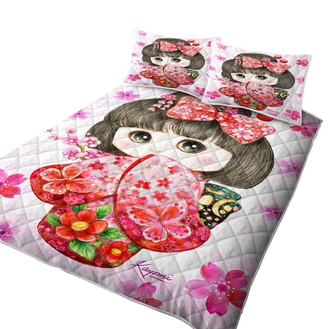 California King Quilt Sets with Cute Japanese Kimono Cherry Flowers Girl