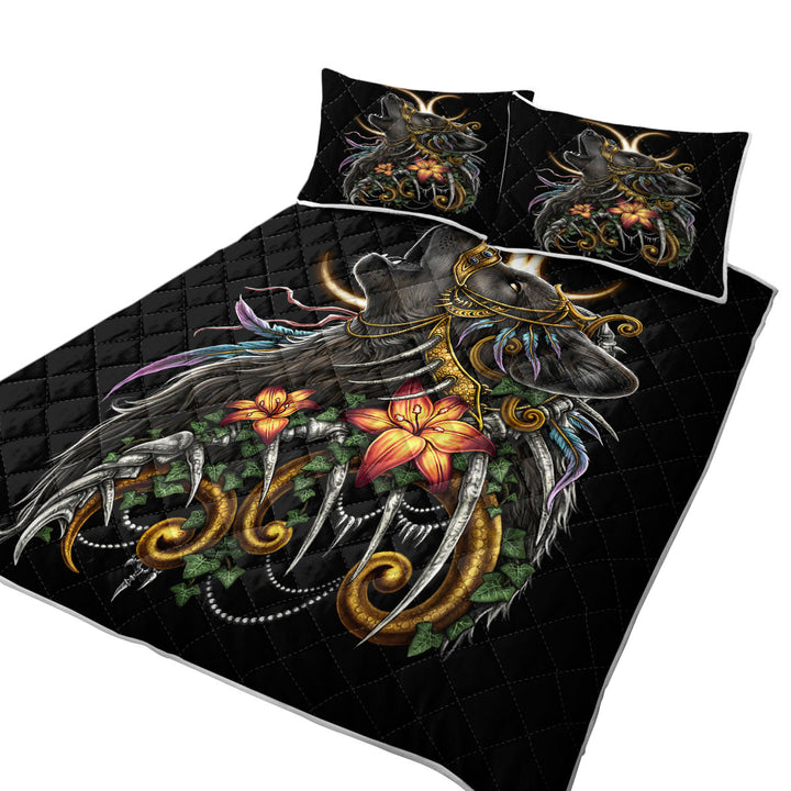California King Quilt Sets with Dark Art Lilies and Howling Wolf