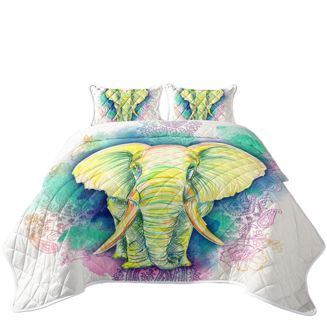 California King Quilt Sets with Elephant Drawing over Oriental Flowers