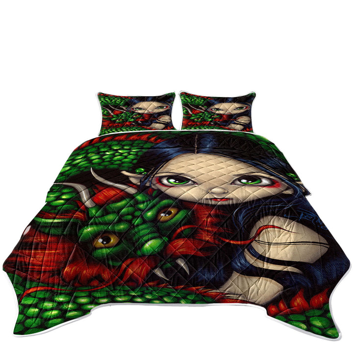 California King Quilt Sets with Emerald Guardian Elf Maiden and Her Chinese Dragon