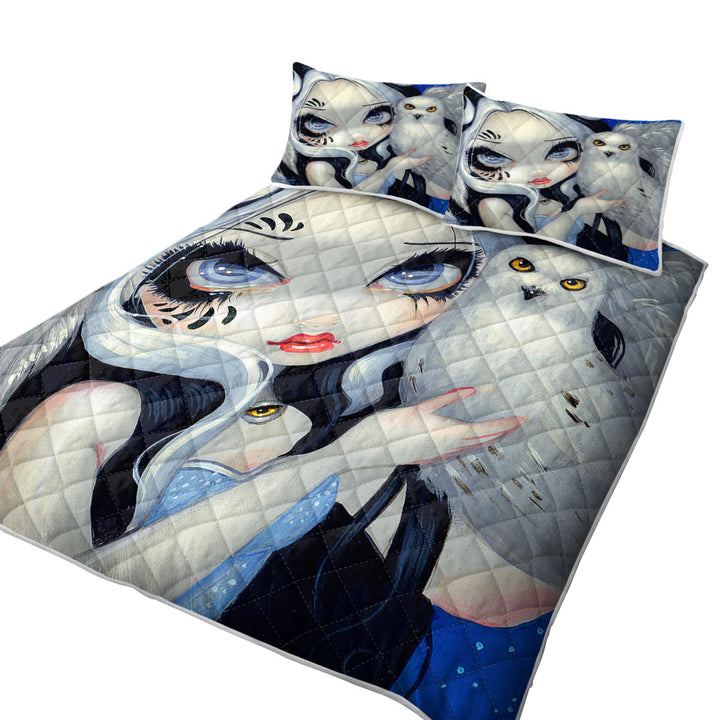 California King Quilt Sets with Faces of Faery _149 Goth Girl with Her White Owl