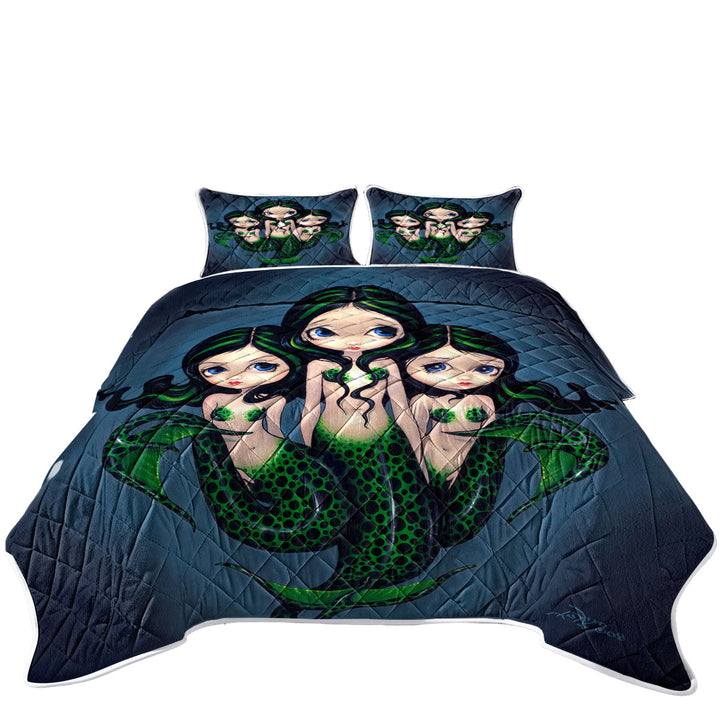 California King Quilt Sets with Fantasy Art Green Mermaid Triplets