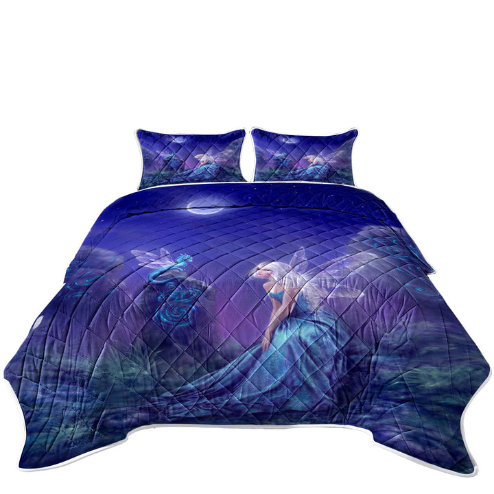 California King Quilt Sets with Fantasy Art the Moon Light Blue Dragon Fairy
