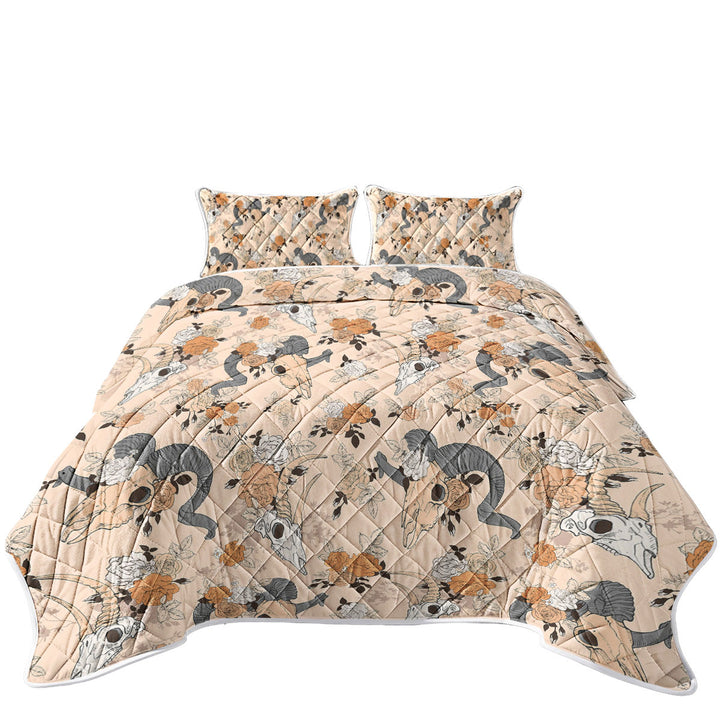 California King Quilt Sets with Floral Goat Skulls