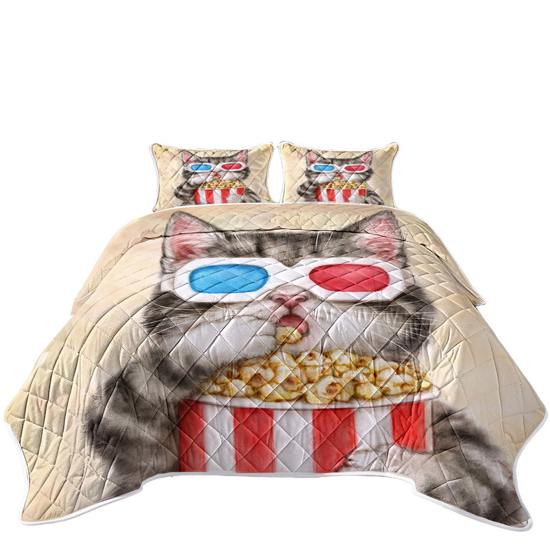 California King Quilt Sets with Funny Kittens Eating Popcorn Grey Kitty Cat