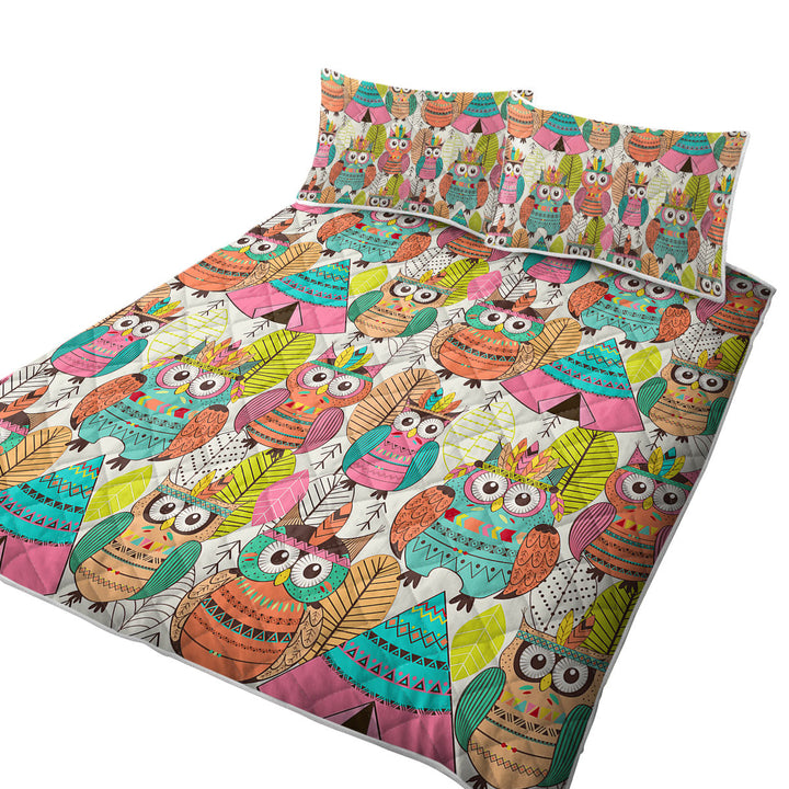 California King Quilt Sets with Funny Native American Owls