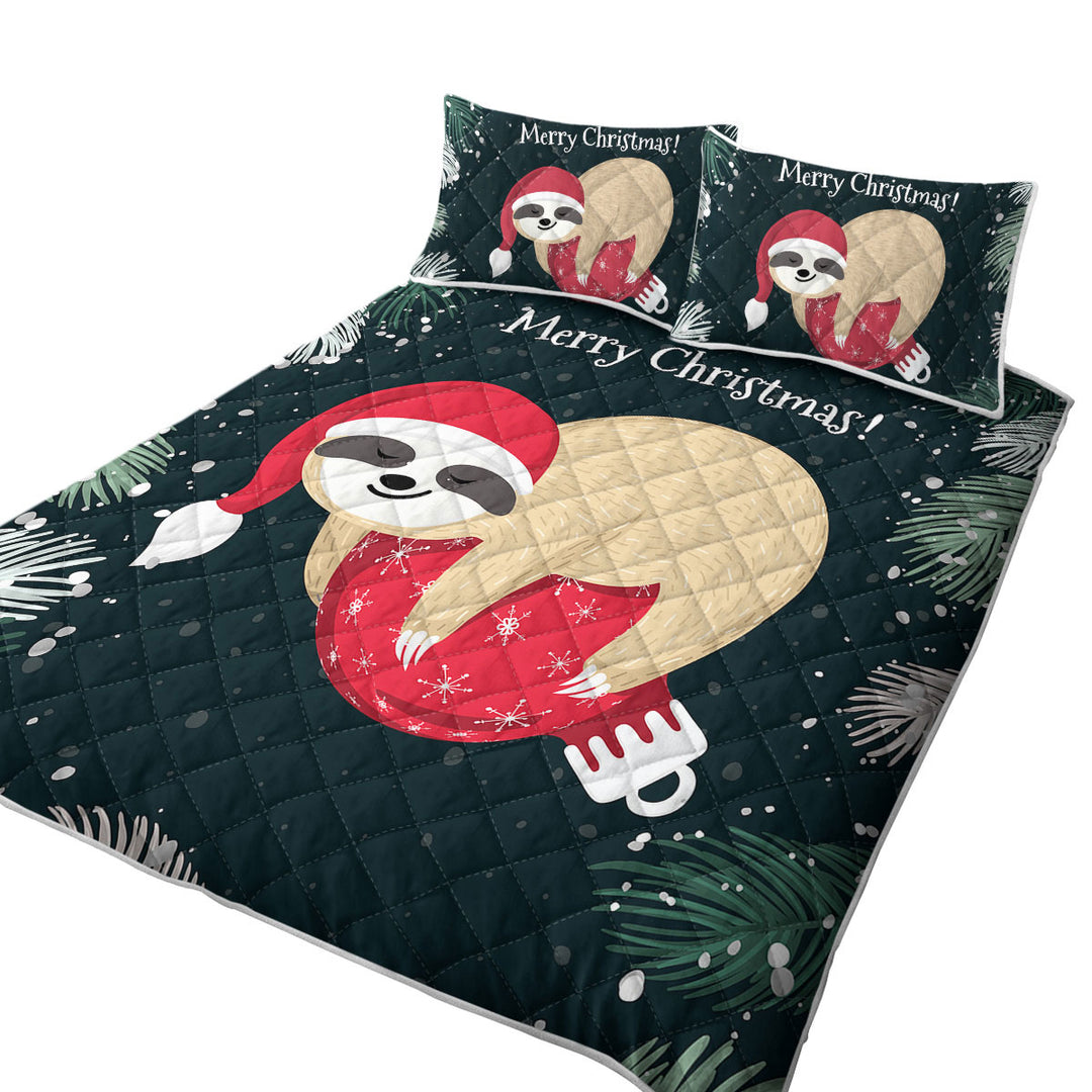 California King Quilt Sets with Funny Santa Sloth Sleeping on Christmas Bauble
