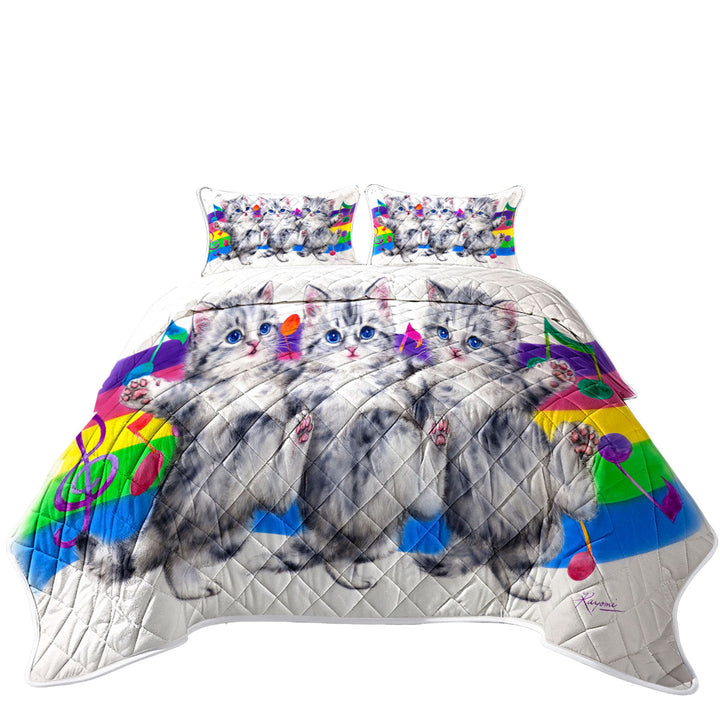California King Quilt Sets with Grey Kittens Rainbow Colorful Music Notes Dance