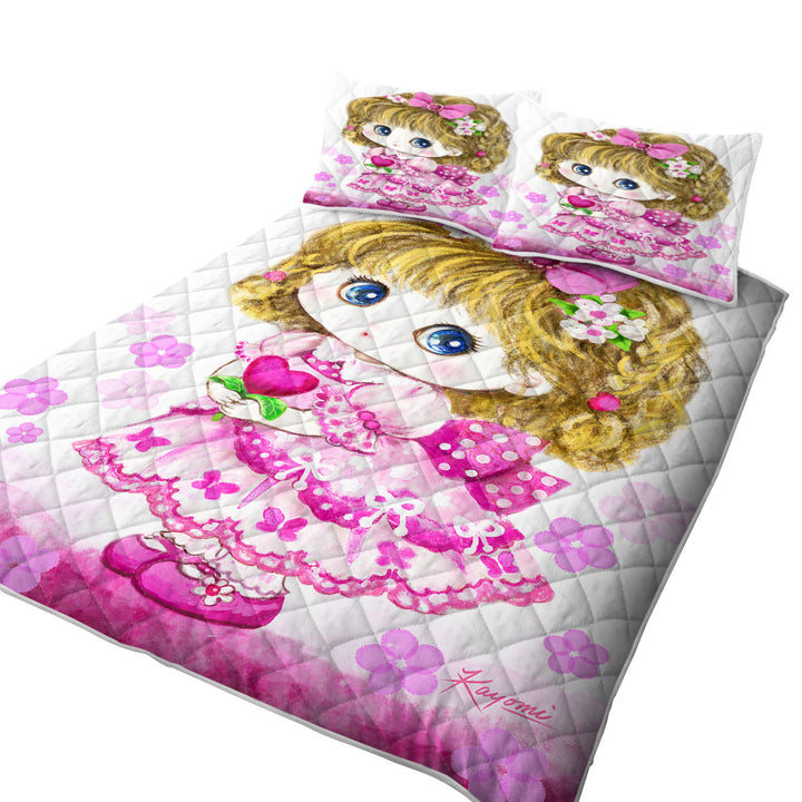California King Quilt Sets with Kids Drawings Pink Girl Heart and Flowers