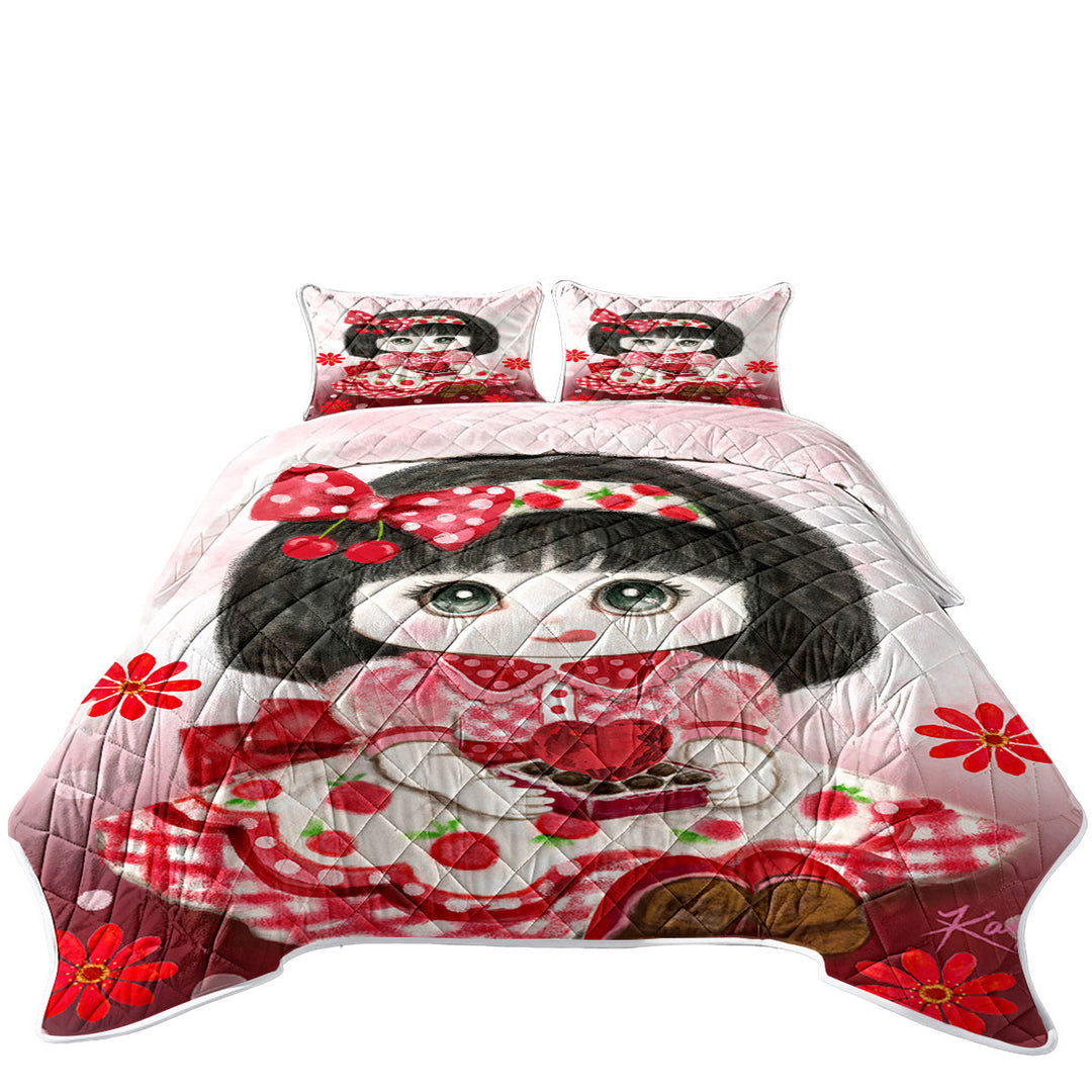 California King Quilt Sets with Kids Drawings Red Girl Heart and Flowers