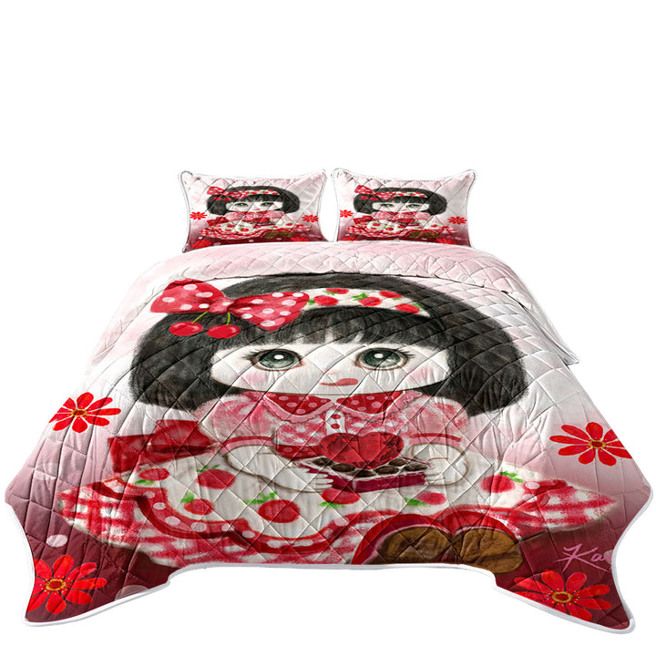 California King Quilt Sets with Kids Drawings Red Girl Heart and Flowers