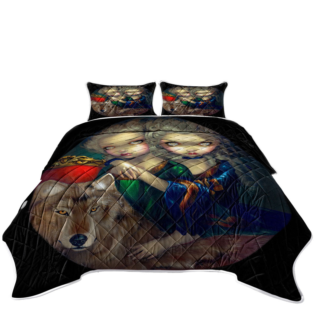 California King Quilt Sets with Loup Garou Beautiful Girls Twins and Their Wolf
