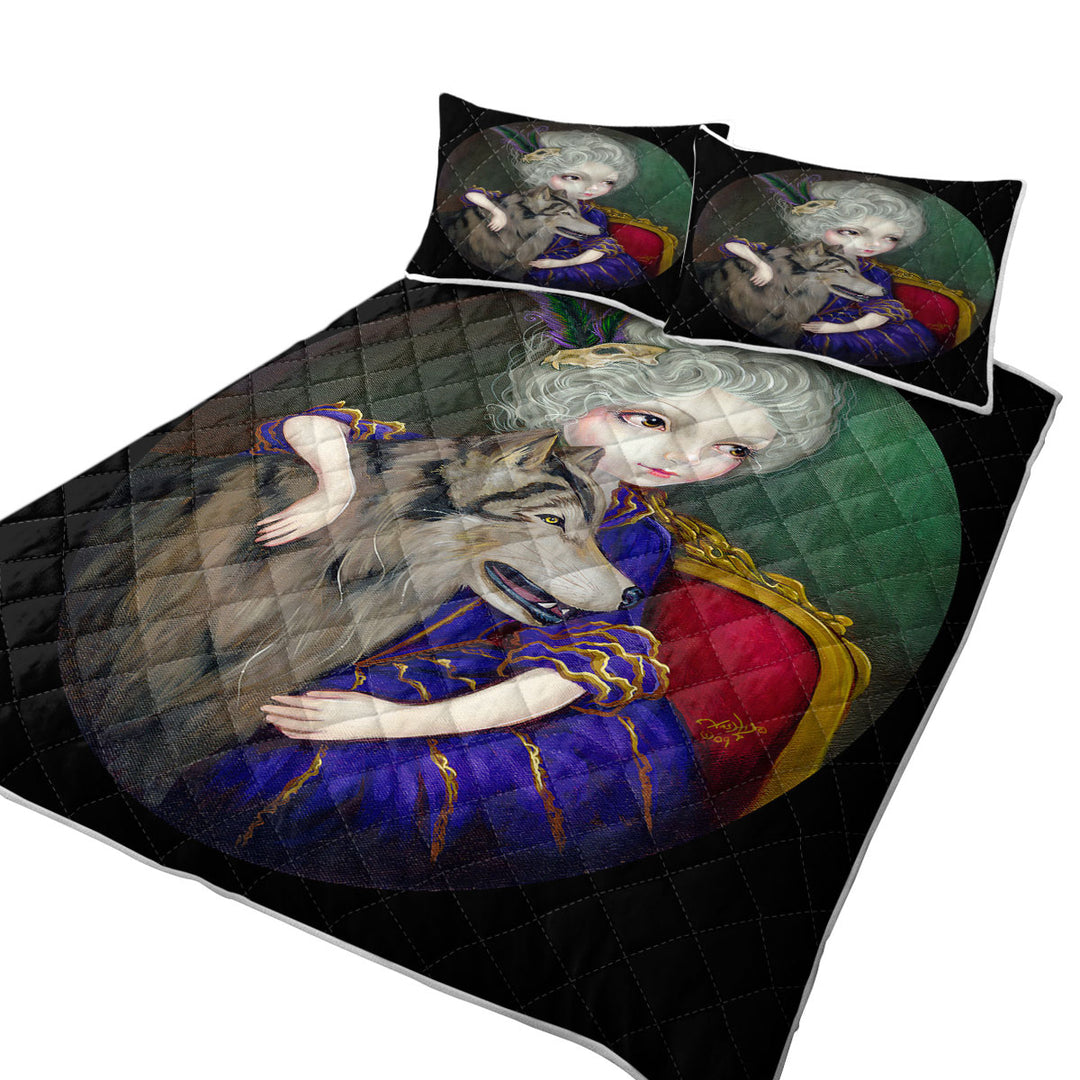 California King Quilt Sets with Loup Garou Big Eyed Beautiful Girl and Her Wolf