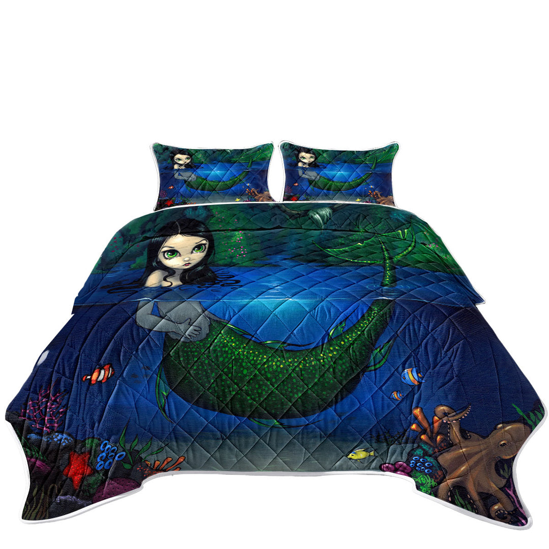 California King Quilt Sets with Lovely Painting Mermaid in Her Grotto