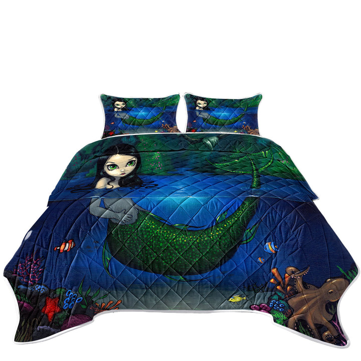 California King Quilt Sets with Lovely Painting Mermaid in Her Grotto