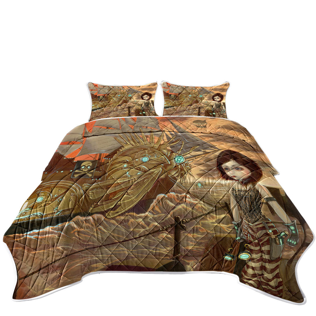 California King Quilt Sets with Maritime Sunset Pirates Ship Beautiful Girl Pirate