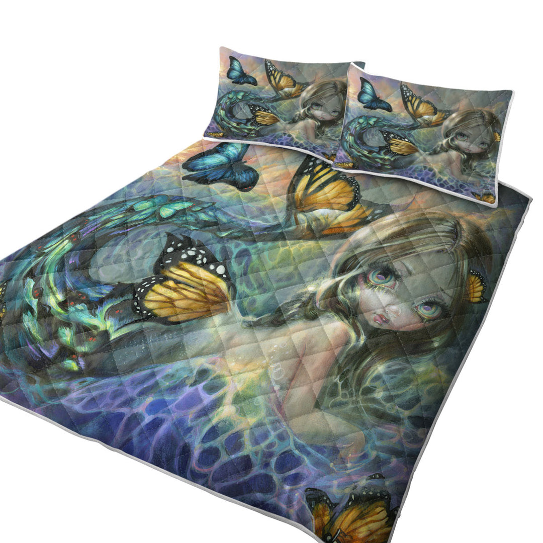 California King Quilt Sets with Mermaid and Butterflies Fantasy Painting Sea Monarch